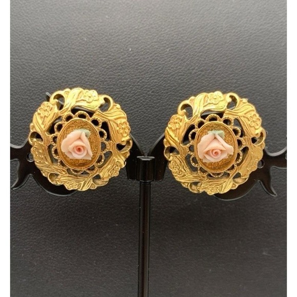 1928 Jewelry - Vintage 1928 Brand Ornate Gold Tone‎ Pink Porcelain Rose Button Stud Earrings